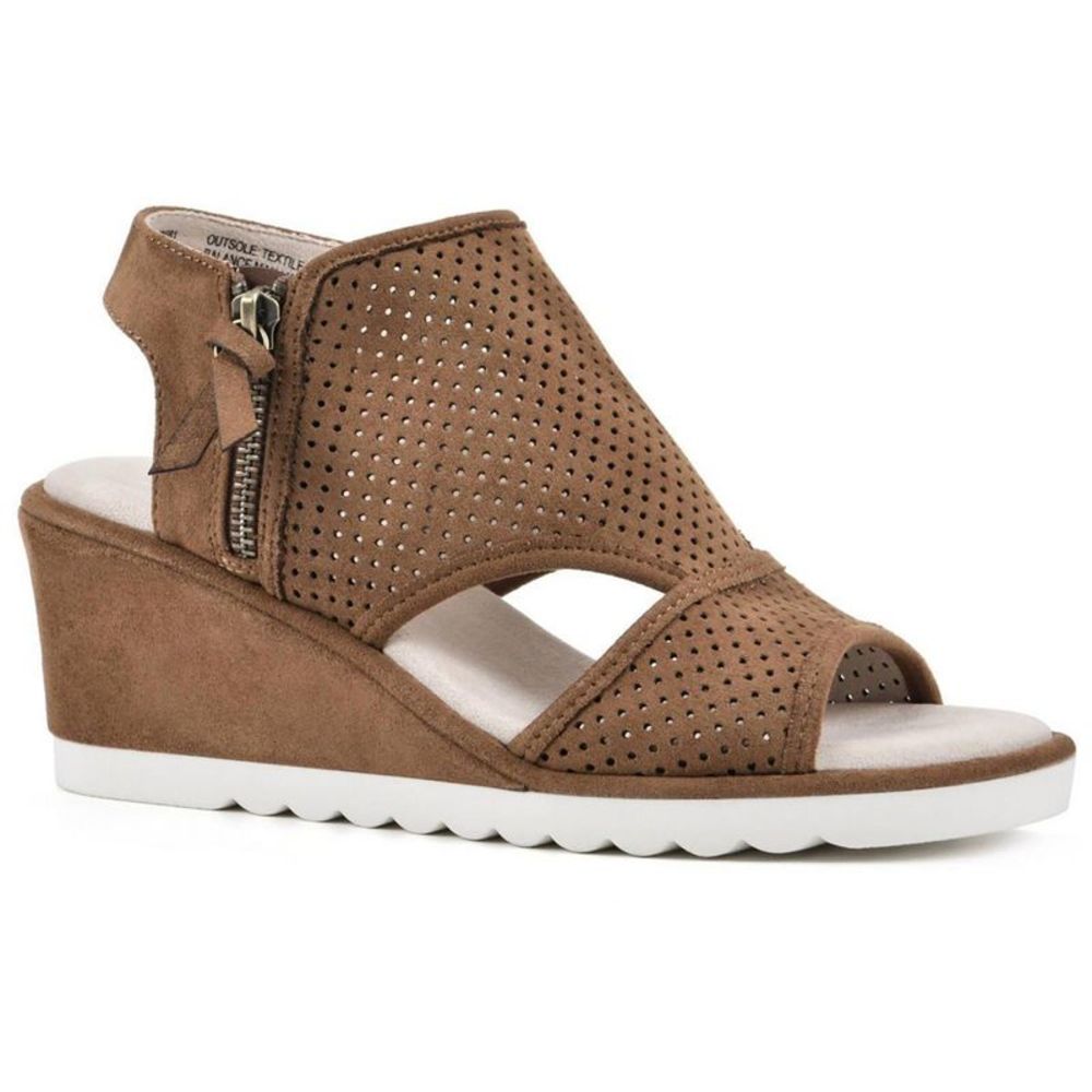Cliffs by WHITE MOUNTAIN Brown Perforated Wedge Sandals with Side Zip